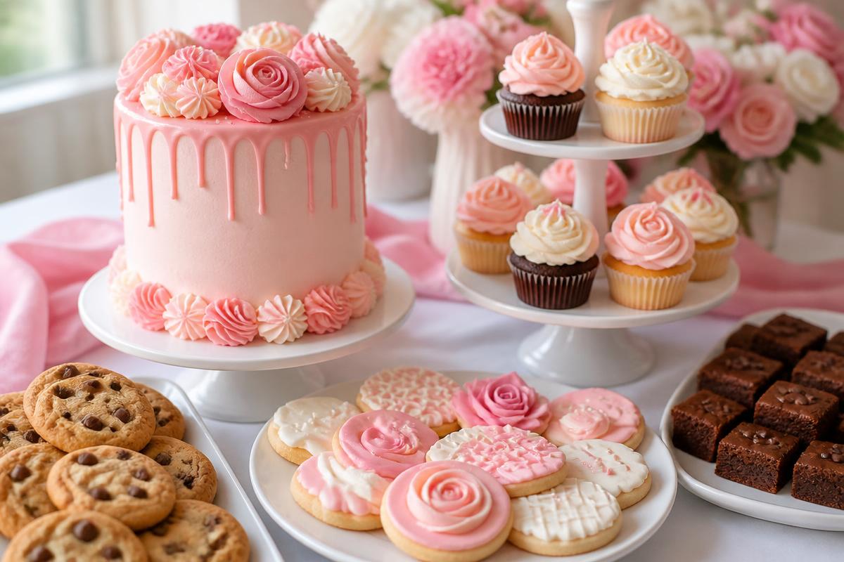 A styled dessert table with a pink drip cake, cupcakes, cookies and brownies for an event